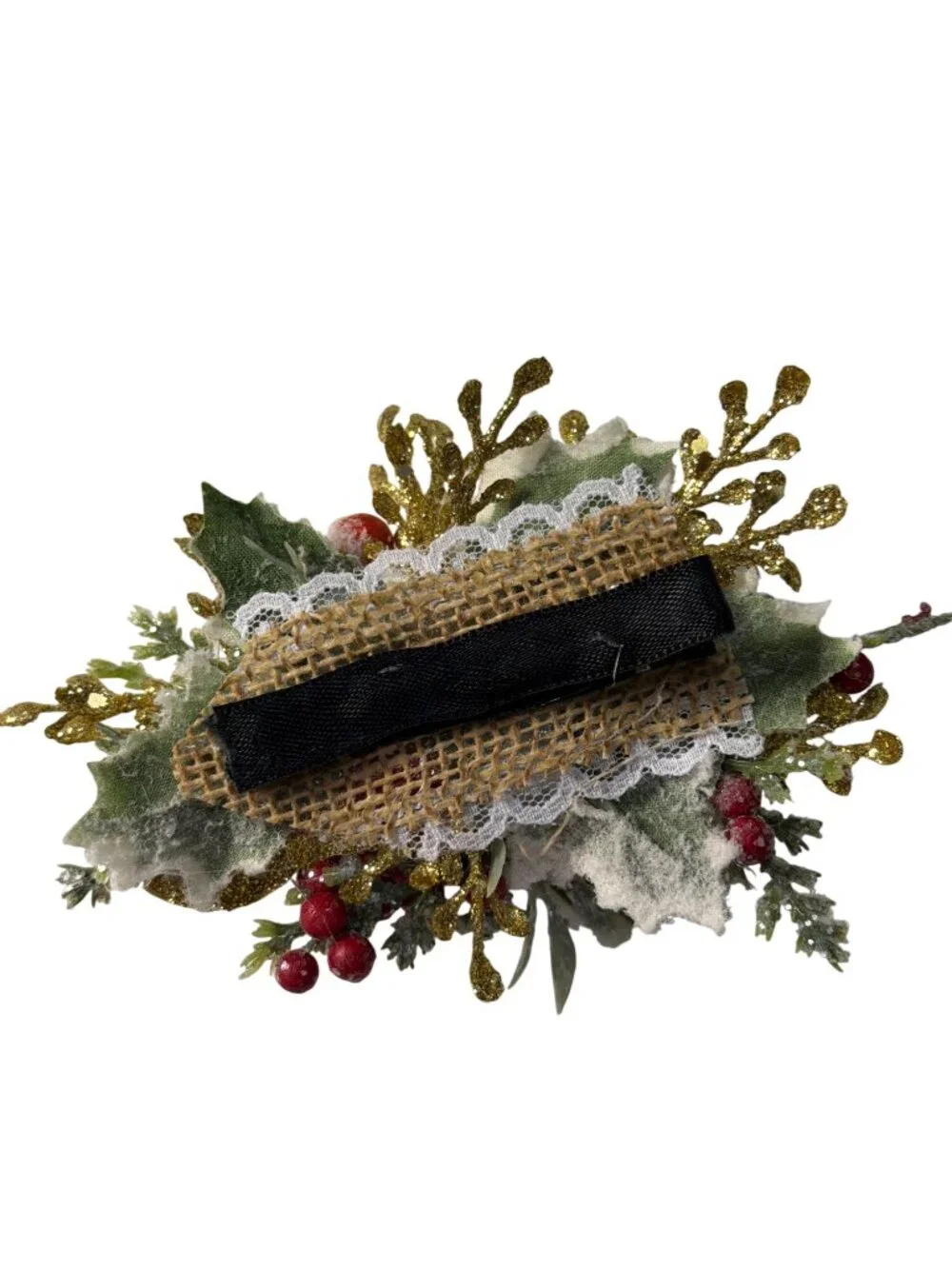 Pretty Little Jettie Holiday Floral Clip Glitter Accents Red Rose Gold Leaves &